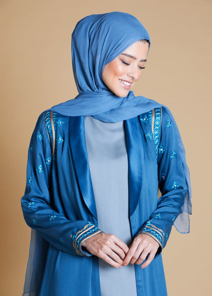 Damask Blue Long Jacket | Coats & Cover Ups | Aab Modest Wear