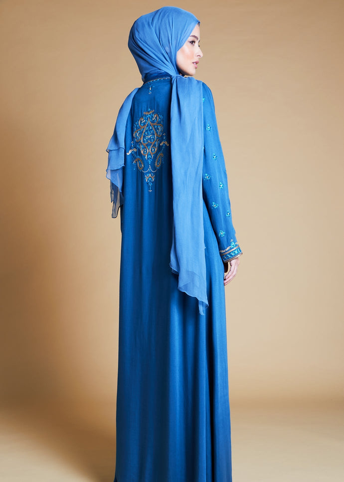 Damask Blue Long Jacket | Coats & Cover Ups | Aab Modest Wear