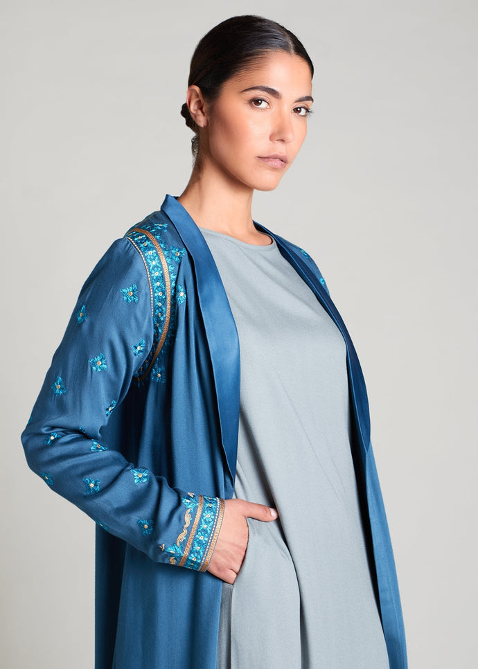 Damask Blue Long Jacket | Coats & Cover Ups | Aab Modest Wear