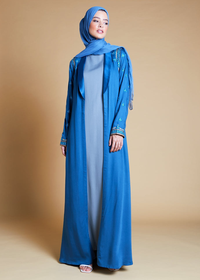 Damask Blue Long Jacket | Coats & Cover Ups | Aab Modest Wear