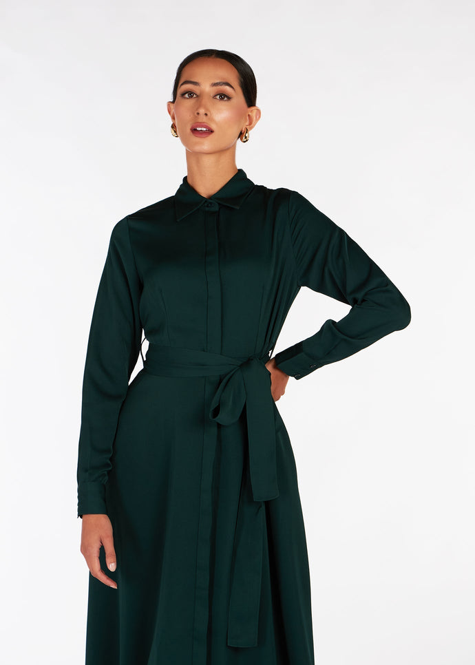 Silk Feel Shirted Maxi Deep Green