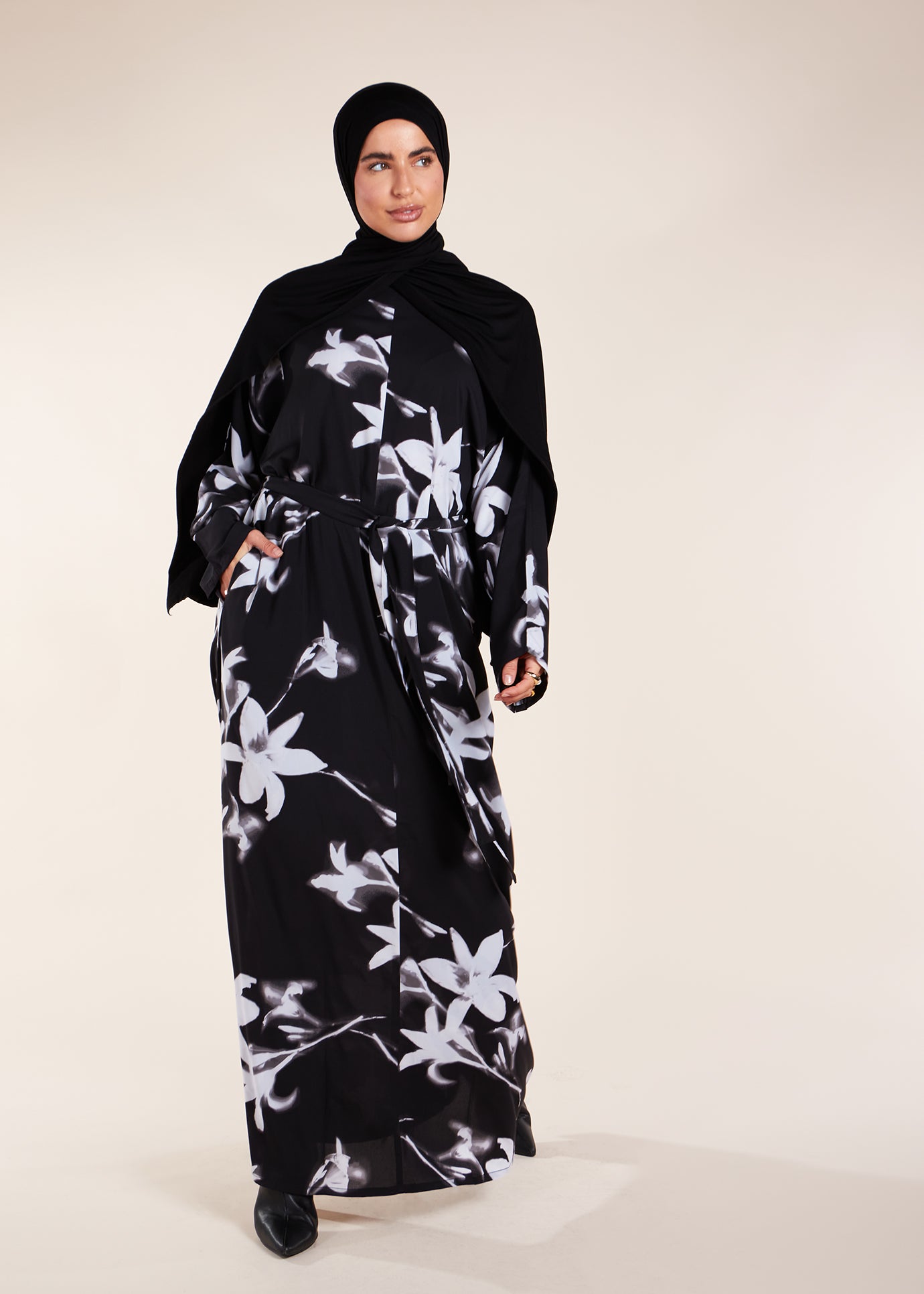 a-line modest maxi dress product info and reviews Mahin Cafe Brown and Black Embroidered Chiffon Modest Long Maxi Dress | Modest Muslim Dresses