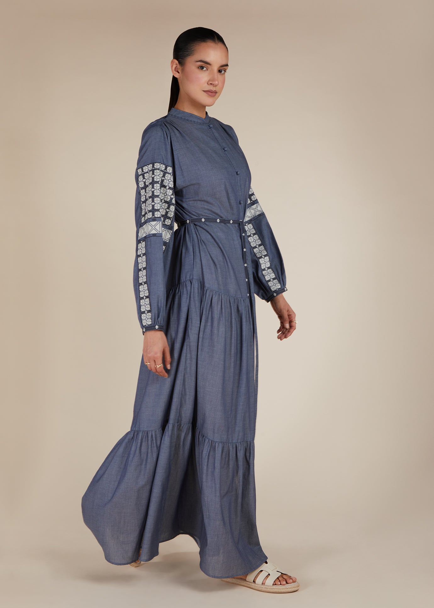 Boho Denim Tiered Maxi | Modest Maxi Dresses Boho Denim Tiered Maxi | Modest Maxi Dresses