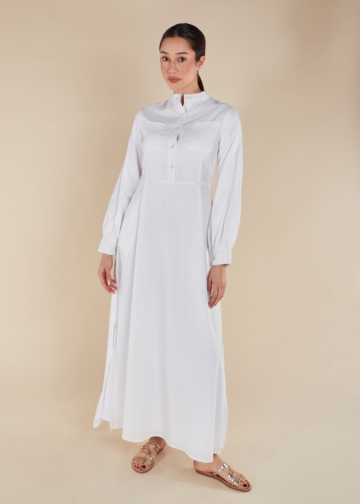 Linen Mandarin Neck Maxi | Modest Maxi Dresses