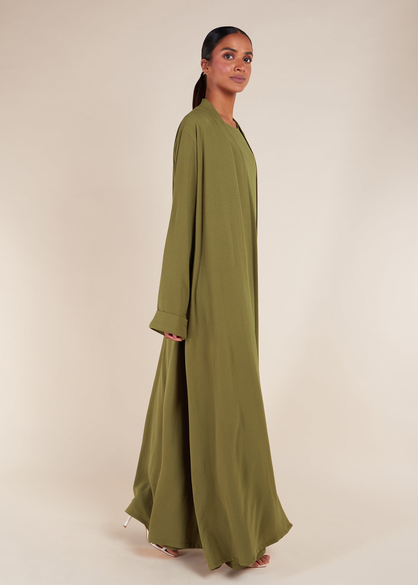 Two Piece Open Abaya With Slip Olive Green | Modest Open Abayas | Aab Modest Wear Two Piece Open Abaya With Slip Olive Green | Modest Open Abayas | Aab Modest Wear